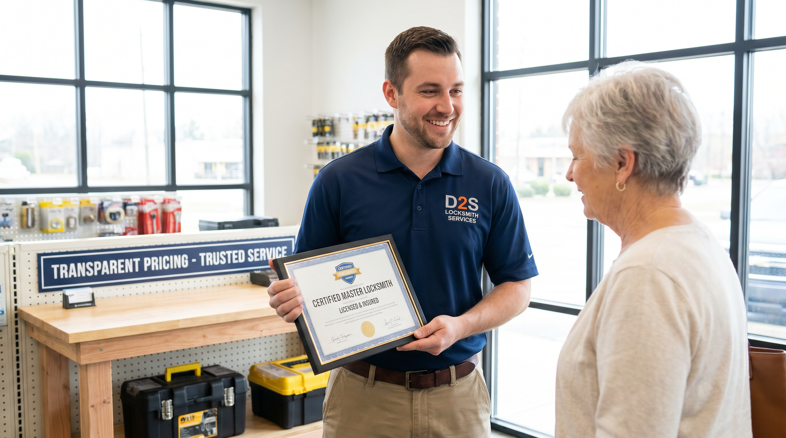Serrurier D2S à Valenciennes présentant ses certifications à un client